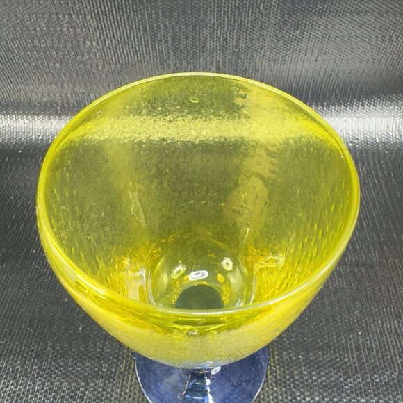 Cadmium UV Glowing Glass Goblets Cups Set 2 Yellow Top Blue Stem Textured Cups - Picture 11 of 16